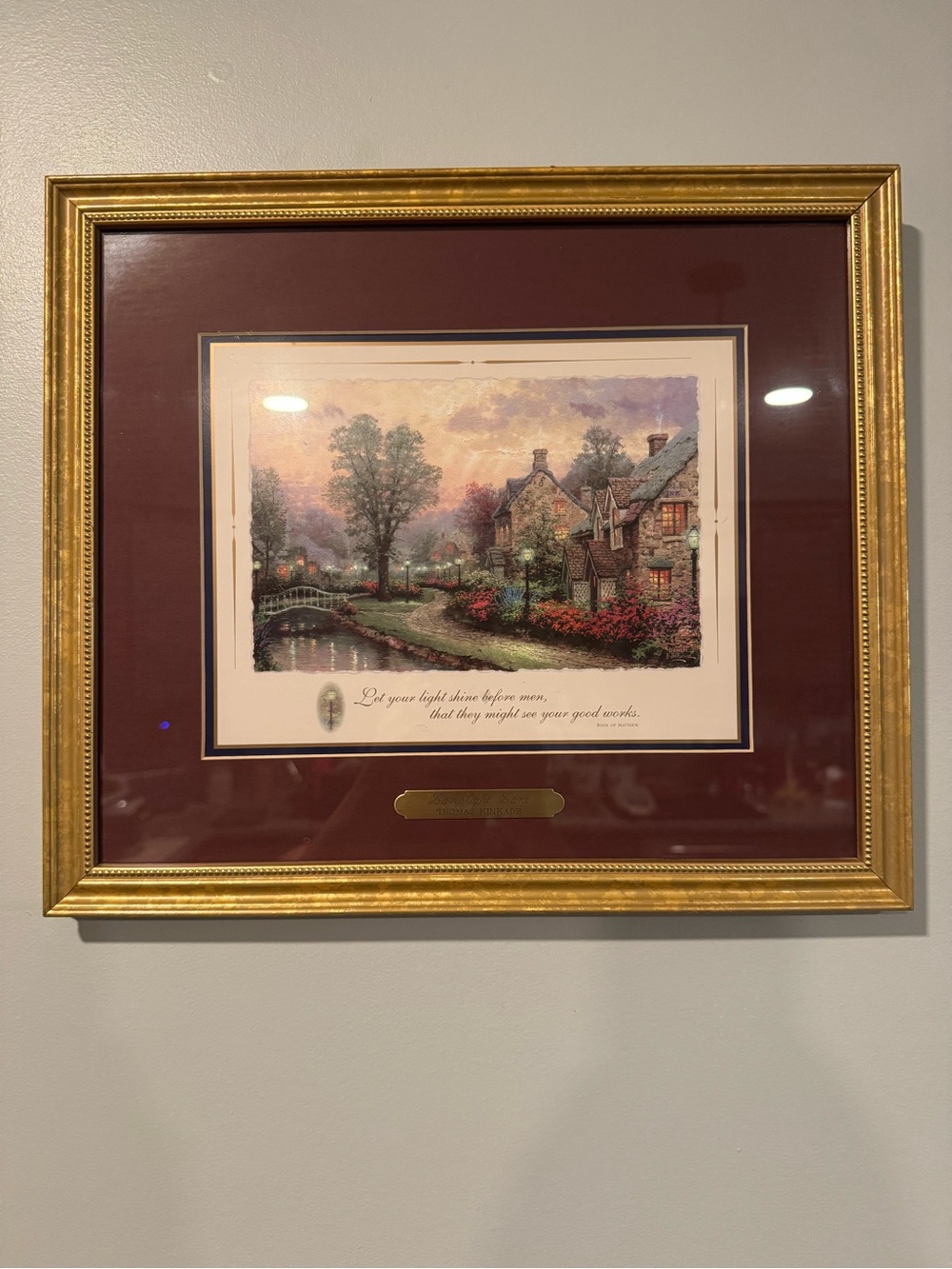 Thomas Kinkade "Lamplight Lane" Gold Frame Art W/COA - 1999 14.25"x12.5"